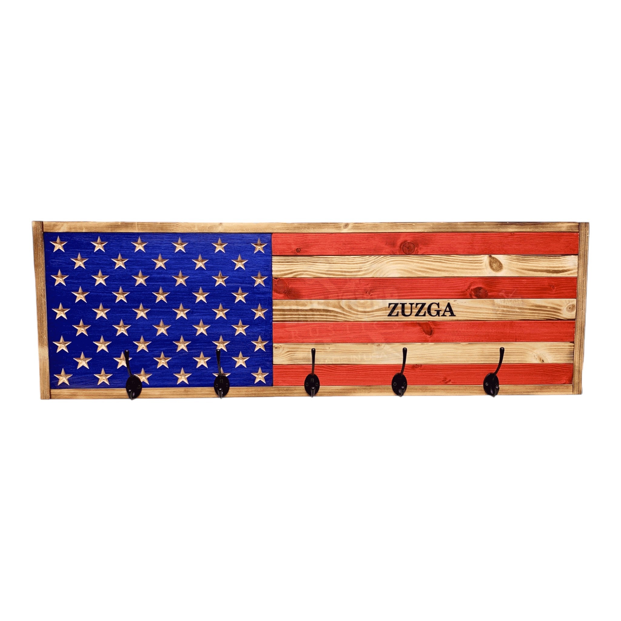 Breacher Rustics American flag coat rack with 5 black hooks and personalized name ZUZGA. Made in USA. handmade flag coat rack usa wood premium first responder patriotic wall mounted hook rack emergency medical services decor