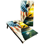 Breacher Rustics American Flag hunting and fishing cornhole set with deer and fish graphics.