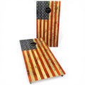 Breacher Rustics American Flag cornhole set with rustic wood grain finish. Features stars and stripes design. rustic american flag cornhole set handmade wooden patriotic backyard bean bag toss game boards usa design
