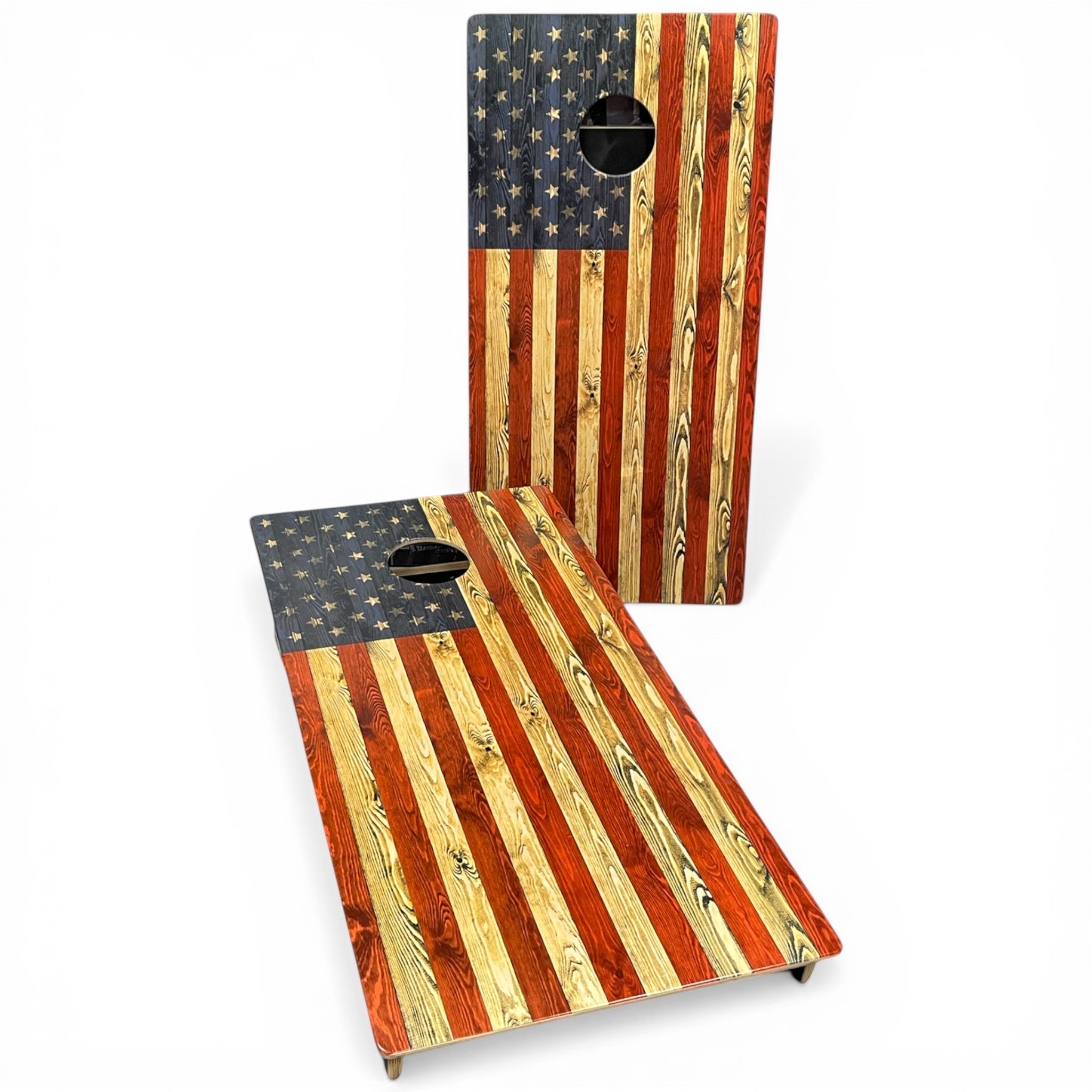 Breacher Rustics American Flag cornhole set with rustic wood grain finish. Features stars and stripes design. rustic american flag cornhole set handmade wooden patriotic backyard bean bag toss game boards usa design
