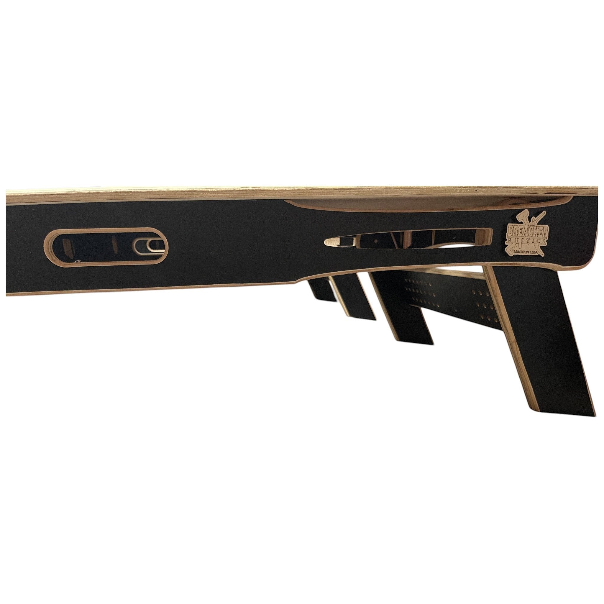 Breacher Rustics American Flag Hunting and Fishing Cornhole Set, black Baltic Birch wood with cutout handles and dual-sided scoreboard.