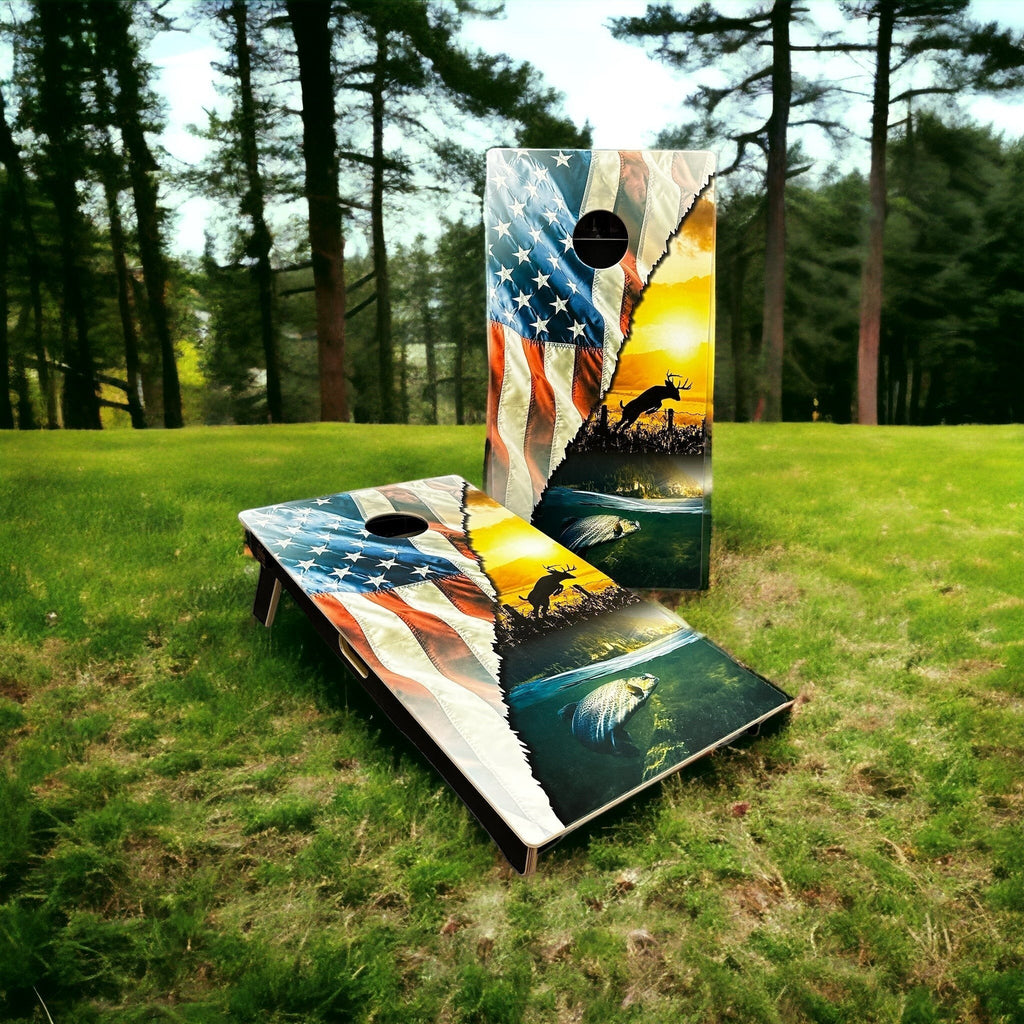 Breacher Rustics American Flag hunting and fishing cornhole set with deer and fish graphics. Baltic Birch construction.