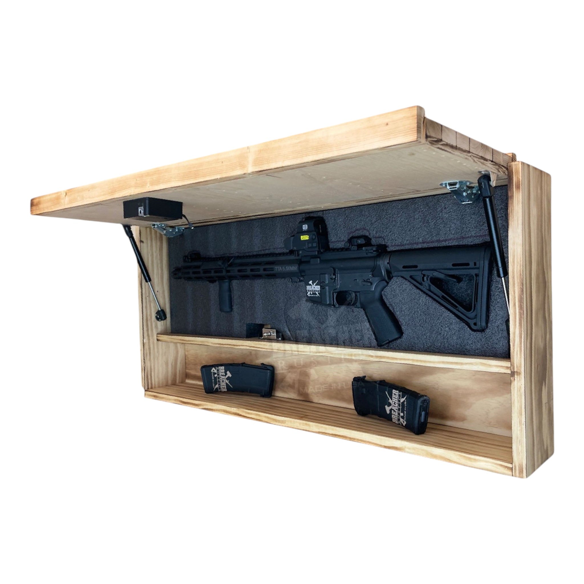Breacher Rustics American Flag gun case with RFID lock, customizable Kaizen foam, and soft-open shocks. Holds rifle and accessories. handmade american flag gun concealment box wood premium RFID locking storage cabinet usa made patriotic craftsmanship