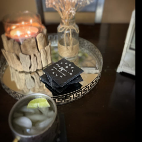 Breacher Rustics "Patriot Pack A" set of 4 square charcoal gray slate coasters with patriotic designs like "Come and Take It". patriot pack square slate coasters set of 8 patriotic engraved american flag themed drink coasters rustic home decor usa made
