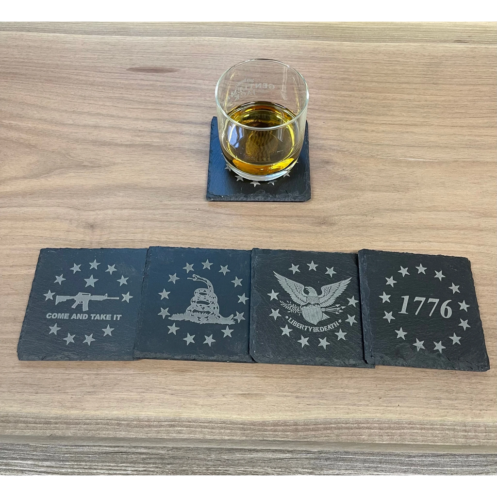 Breacher Rustics "Patriot Pack A" set of 4 charcoal gray square slate coasters with patriotic engravings: "Come and Take It" rifle, Gadsden flag snake, eagle with "Liberty or Death", and "1776".patriot pack square slate coasters set of 8 patriotic engraved american flag themed drink coasters rustic home decor usa made