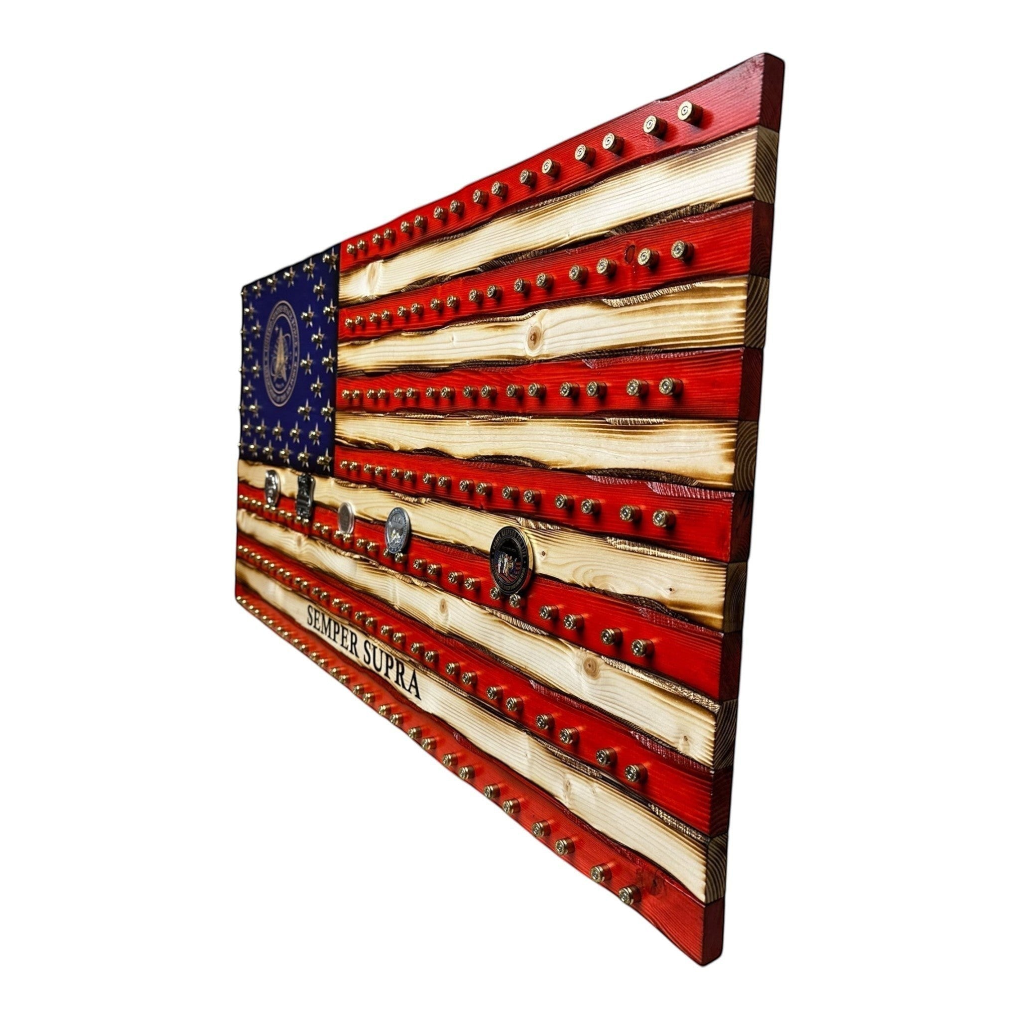 Breacher Rustics Armed Forces challenge coin flag with 9mm casing holders and "SEMPER SUPRA" engraving.