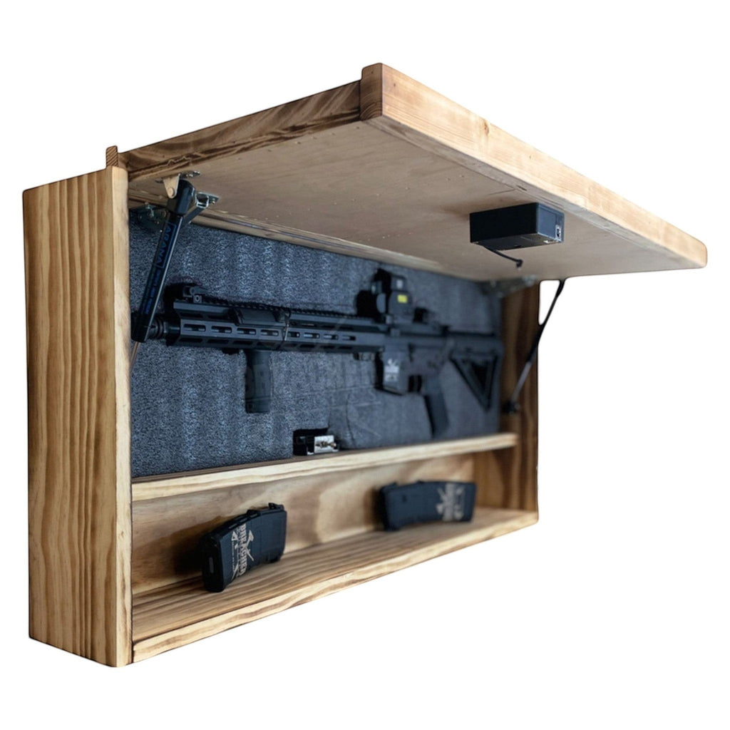 Breacher Rustics USA Armed Forces concealment cabinet with RFID lock and customizable Kaizen foam, holding a rifle and magazines. american flag concealment gear rack RFID lock wooden wall mounted hidden gun storage shelf patriotic usa made organizer military veteran army navy usmc marines marine corps air force