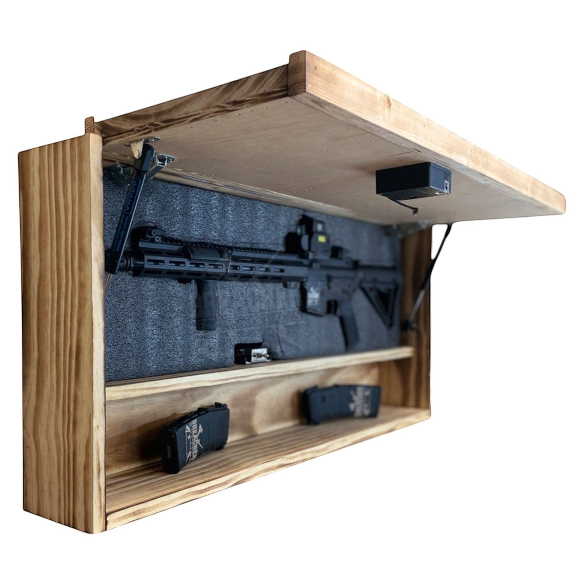 Breacher Rustics USA Armed Forces concealment cabinet with RFID lock and customizable Kaizen foam, holding a rifle and magazines. american flag concealment gear rack RFID lock wooden wall mounted hidden gun storage shelf patriotic usa made organizer military veteran army navy usmc marines marine corps air force