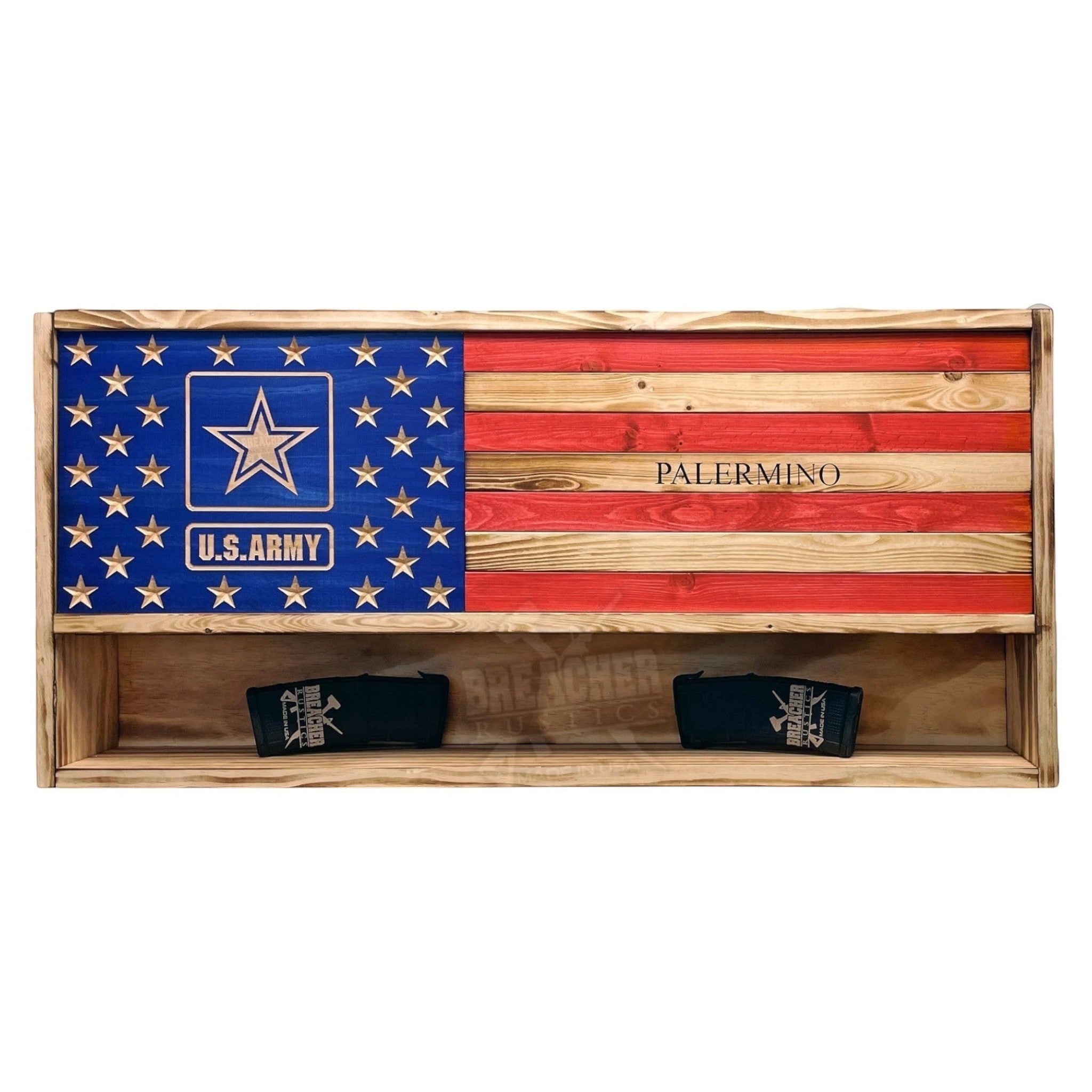 Breacher Rustics USA Armed Forces concealment cabinet with US Army logo and personalized name. Wooden American flag design with hidden storage. usa concealment rack wooden RFID locking hidden storage gear rack american flag wall mounted gun storage shelf usa made military veteran armed forces army navy marine corps usmc air force