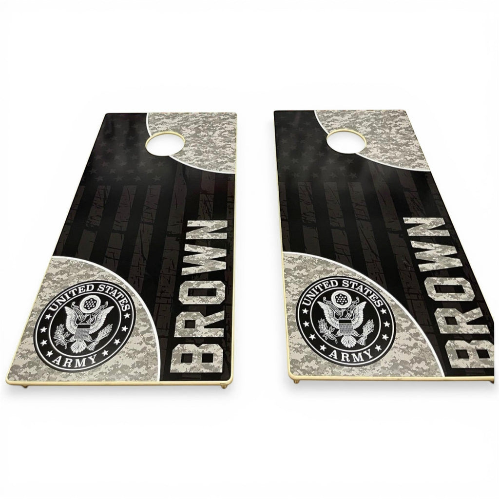 Breacher Rustics Army cornhole set with US Army logo and digital camouflage pattern. Features custom name text. army cornhole set handmade wooden patriotic backyard bean bag toss game military themed boards usa made