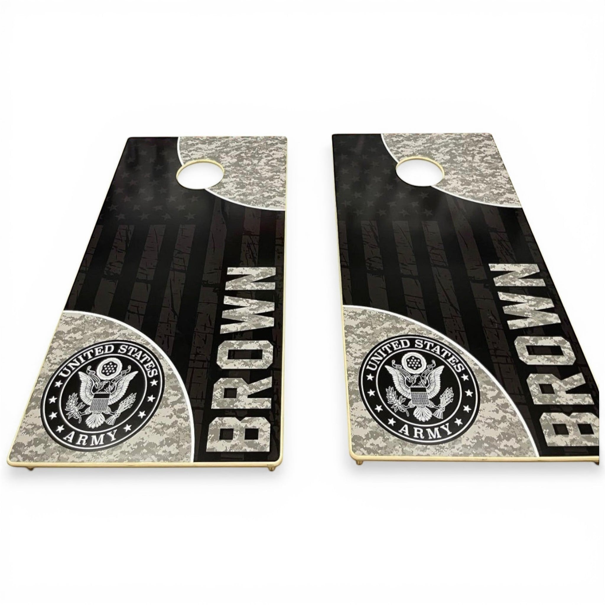 Breacher Rustics Army cornhole set with US Army logo and digital camouflage pattern. Features custom name text. army cornhole set handmade wooden patriotic backyard bean bag toss game military themed boards usa made