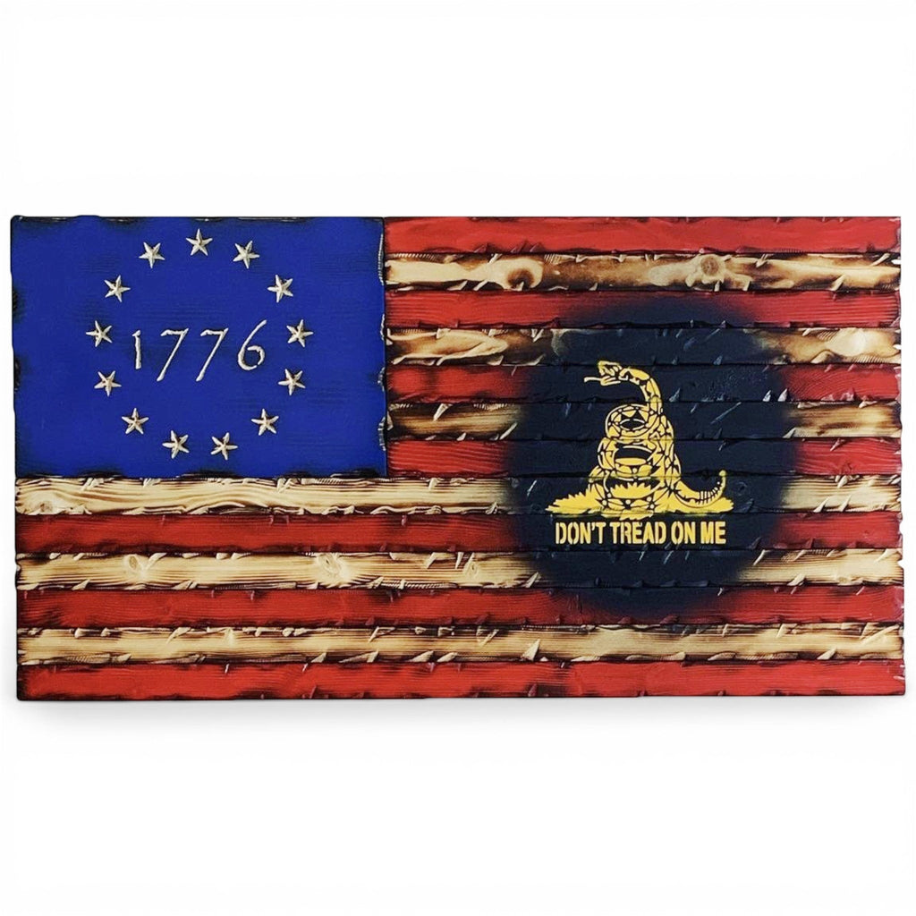 Breacher Rustics battle worn carved wood flag with 1776 in the union and a coiled snake with "Don't Tread On Me" text. battle worn 1776 dont tread on me carved wood flag handmade american flag wall art patriotic rustic decor usa made