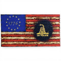 Breacher Rustics battle worn carved wood flag with 1776 in the union and a coiled snake with "Don't Tread On Me" text. battle worn 1776 dont tread on me carved wood flag handmade american flag wall art patriotic rustic decor usa made