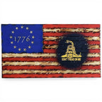 Breacher Rustics battle worn carved wood flag with 1776 in the union and a coiled snake with "Don't Tread On Me" text. battle worn 1776 dont tread on me carved wood flag handmade american flag wall art patriotic rustic decor usa made