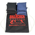 Breacher Rustics set of 8 regulation size cornhole bags, 4 black and 4 blue, with a black drawstring carrying bag.