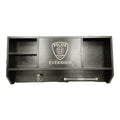 Breacher Rustics black wooden concealment shelf with police badge and custom name. Features open shelves and pipe-style hooks. handmade leo concealment gear rack black wood cabinet usa made hidden storage shelf for firearms and gear