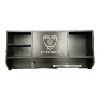 Breacher Rustics black wooden concealment shelf with police badge and custom name. Features open shelves and pipe-style hooks. handmade leo concealment gear rack black wood cabinet usa made hidden storage shelf for firearms and gear
