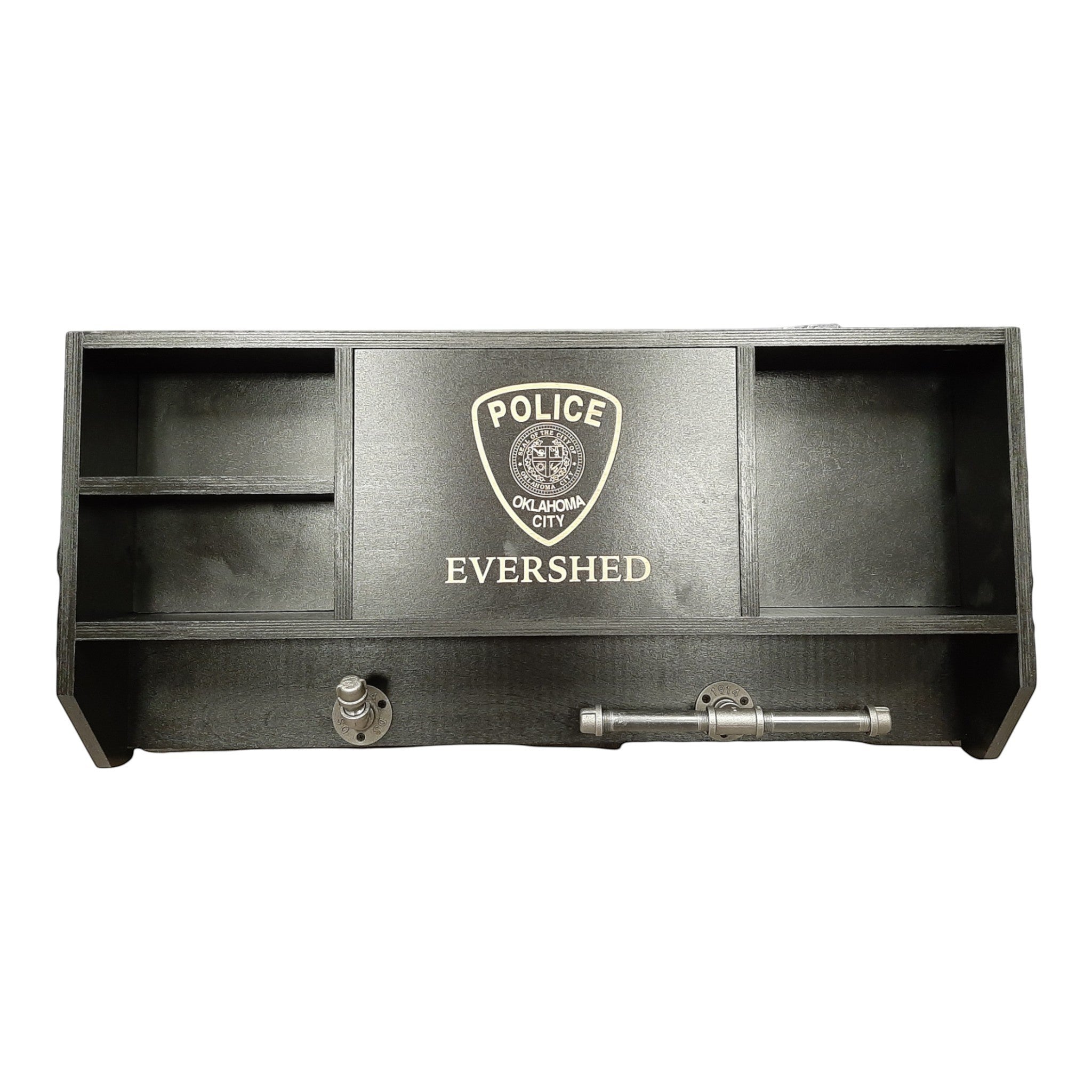 Breacher Rustics black wooden concealment shelf with police badge and custom name. Features open shelves and pipe-style hooks. handmade leo concealment gear rack black wood cabinet usa made hidden storage shelf for firearms and gear