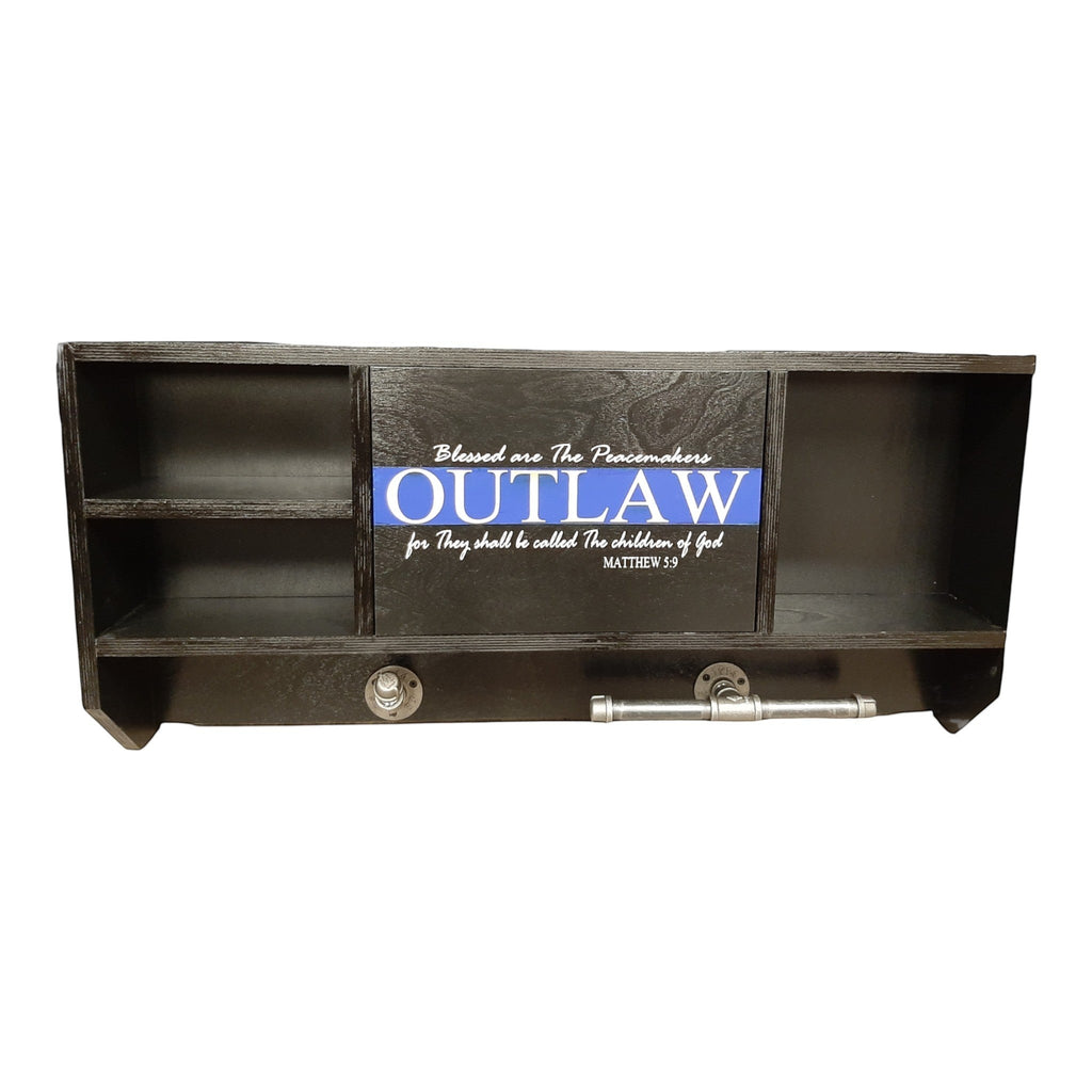 Breacher Rustics black wooden concealment shelf with custom logo featuring compartments and pipe hardware. leo concealment shelf gear rack black wooden wall cabinet hidden storage for firearms duty gear and keys rfid lock