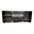 Breacher Rustics black wooden concealment shelf with custom logo featuring compartments and pipe hardware. leo concealment shelf gear rack black wooden wall cabinet hidden storage for firearms duty gear and keys rfid lock