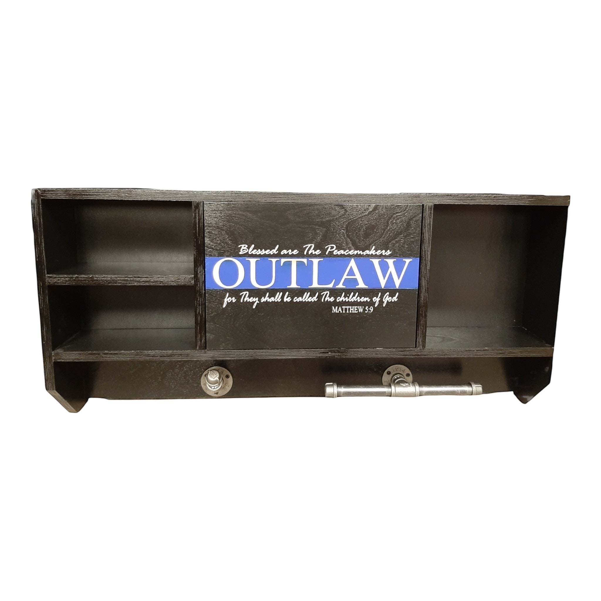 Breacher Rustics black wooden concealment shelf with custom logo featuring compartments and pipe hardware. leo concealment shelf gear rack black wooden wall cabinet hidden storage for firearms duty gear and keys rfid lock