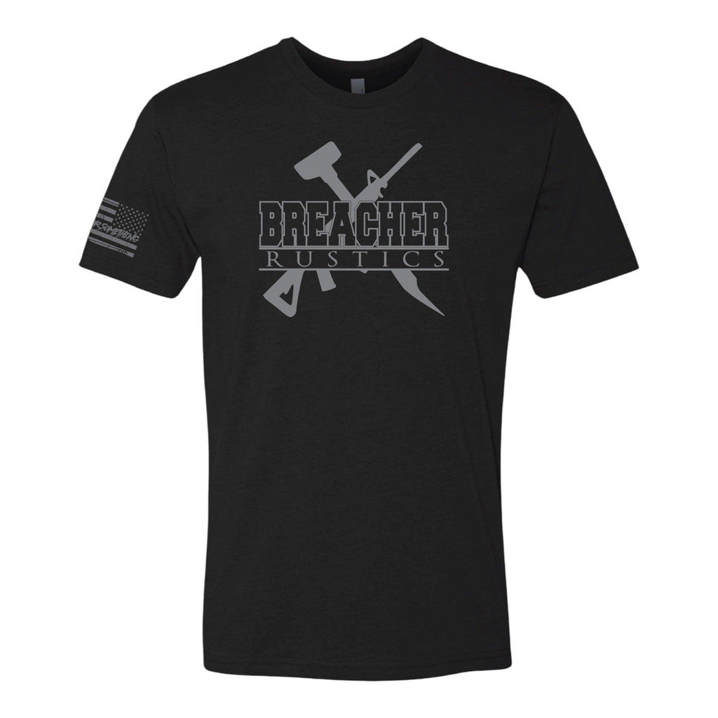 Breacher Rustics black cotton t-shirt with grey logo and American flag detail on sleeve. breacher rustics hoodie patriotic apparel military first responder hoodie soft athletic fit usa made style