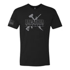 Breacher Rustics black cotton t-shirt with grey logo and American flag detail on sleeve. breacher rustics hoodie patriotic apparel military first responder hoodie soft athletic fit usa made style