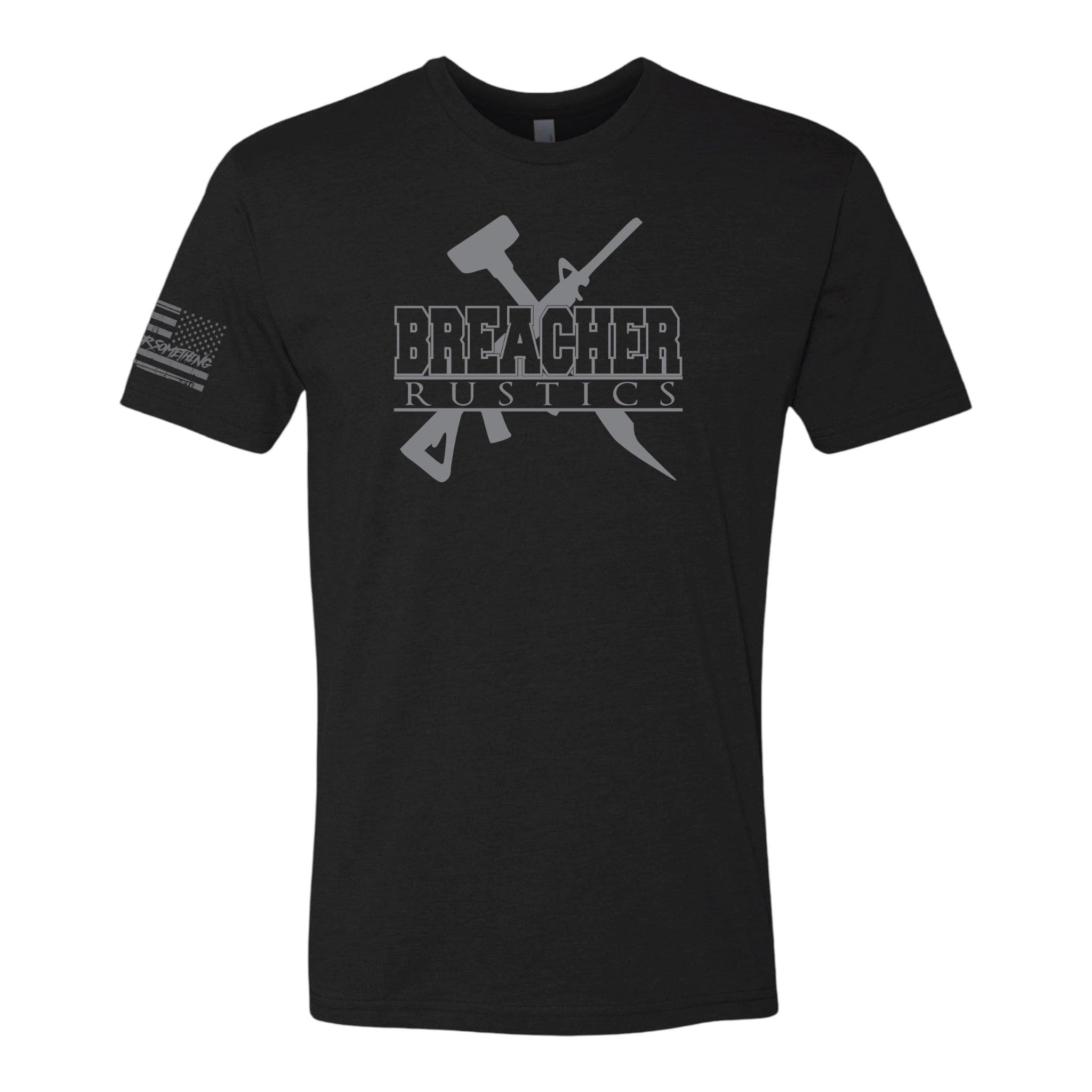 Breacher Rustics black cotton t-shirt with grey logo and American flag detail on sleeve. breacher rustics hoodie patriotic apparel military first responder hoodie soft athletic fit usa made style