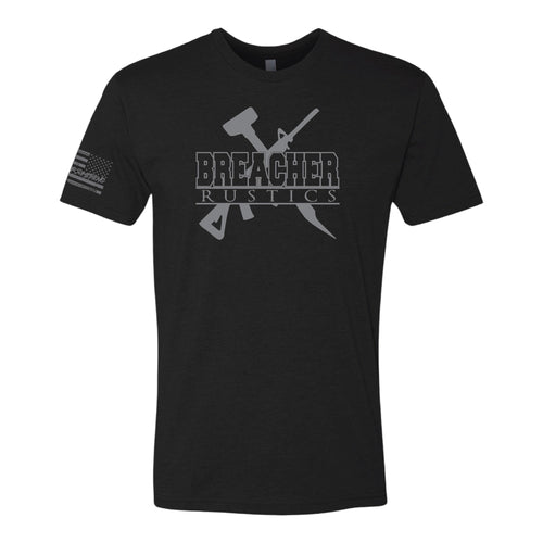 Breacher Rustics black cotton t-shirt with grey logo and American flag detail on sleeve. breacher rustics hoodie patriotic apparel military first responder hoodie soft athletic fit usa made style