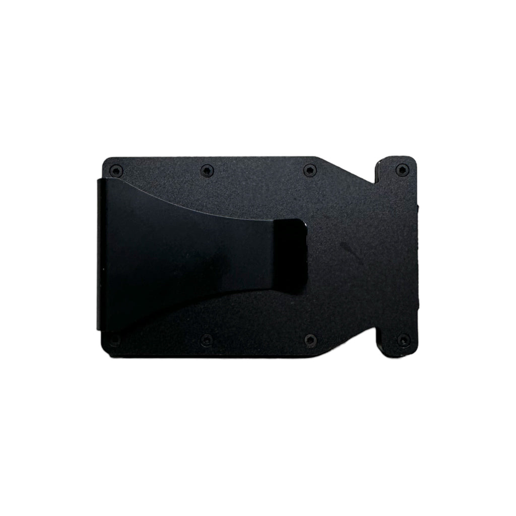 Breacher Rustics black anodized aluminum RFID blocking metal wallet with money clip. Holds 12-15 cards.