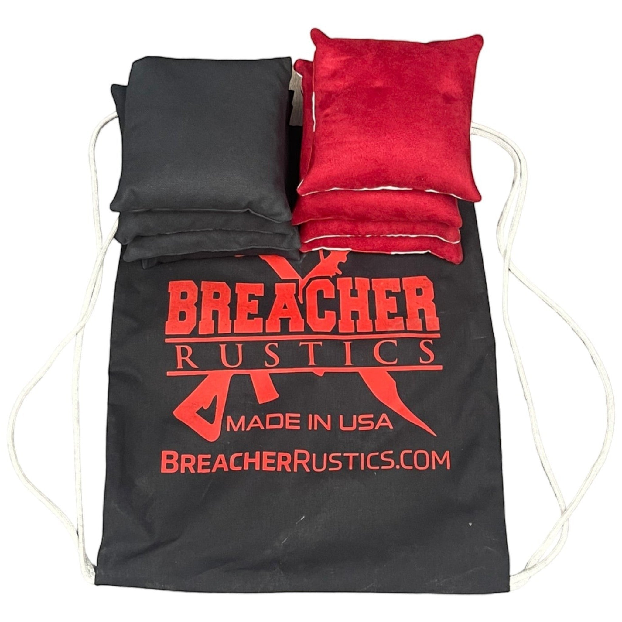 Breacher Rustics set of 8 regulation size cornhole bags, 4 black and 4 red, with a black drawstring carrying bag.