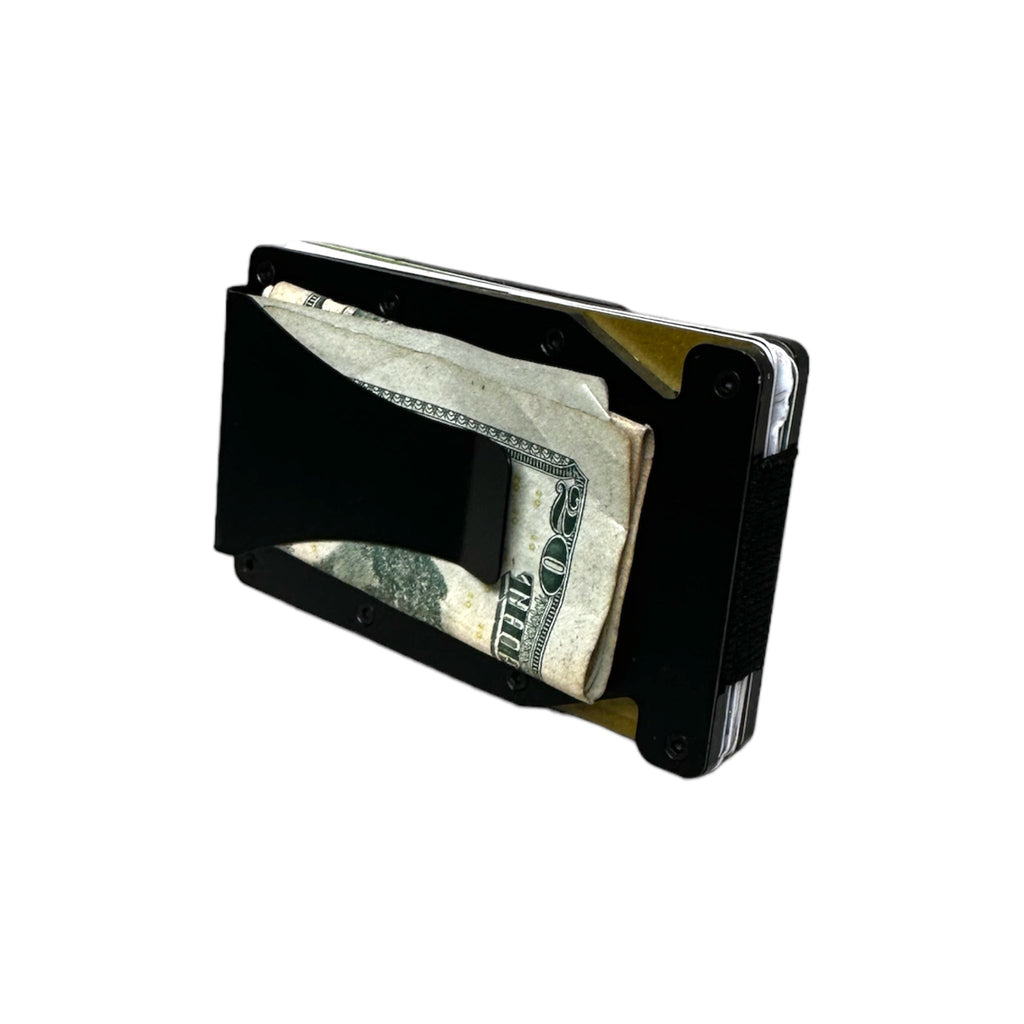 Breacher Rustics black aluminum RFID blocking metal wallet with money clip, holds 12-15 cards.