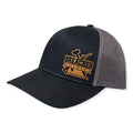 Breacher Rustics black cotton/nylon trucker hat with grey mesh back and leather patch. Structured, six-panel, low-profile with snapback.
