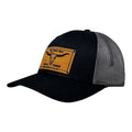 Breacher Rustics black cotton trucker hat with grey mesh back and a bamboo leather patch featuring a bull skull graphic. Jason Aldean