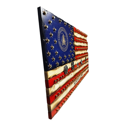 Breacher Rustics- Stand For Something ™ wooden US flag with 9mm casings holding challenge coins. Features Space Force emblem and "SEMPER SUPRA".