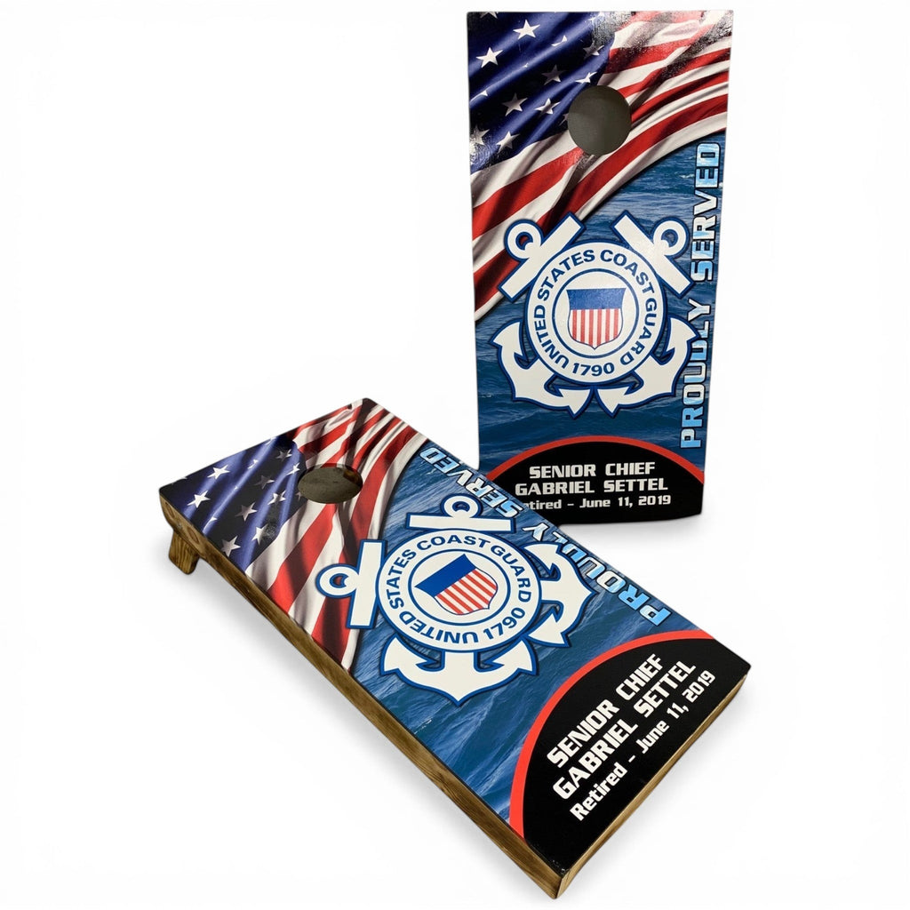 Breacher Rustics Coast Guard cornhole set with US flag and Senior Chief Gabriel Settel personalization. Baltic Birch wood. coast guard american flag cornhole set handmade wooden patriotic backyard bean bag toss game military themed boards