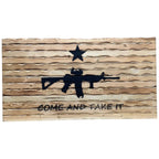Breacher Rustics wooden flag with carved rifle and star, reading "Come and Take It". Battle worn finish. battle worn come and take it wood flag carved patriotic texas american wall art handmade usa made rustic flag decor