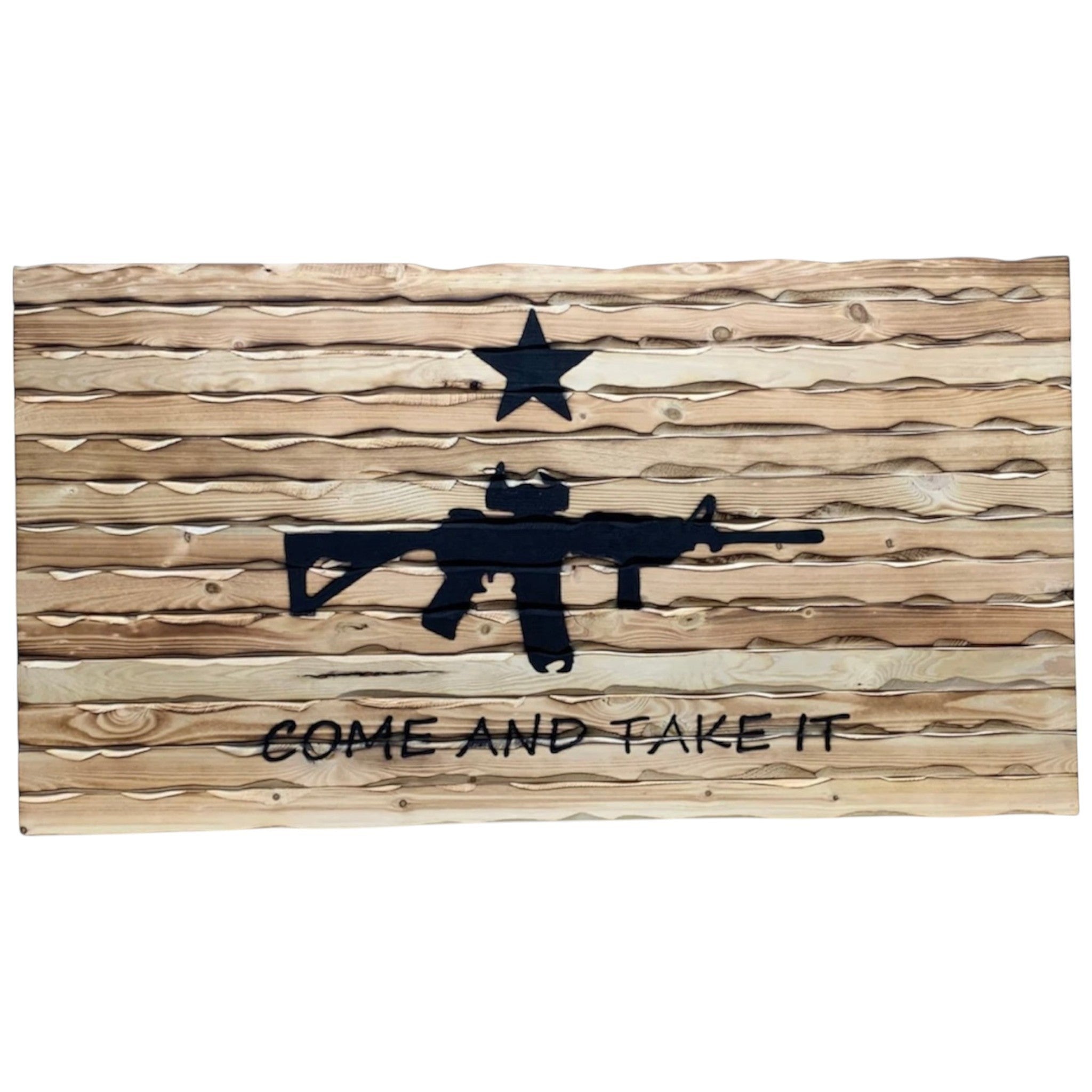Breacher Rustics wooden flag with carved rifle and star, reading "Come and Take It". Battle worn finish. battle worn come and take it wood flag carved patriotic texas american wall art handmade usa made rustic flag decor