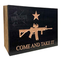 Breacher Rustics wooden concealment box with "Come and Take It" logo, AR-15 rifle, and star. Features RFID lock and customizable foam. come and take it concealment box wooden RFID locking hidden storage box texas patriotic gun concealment display usa made