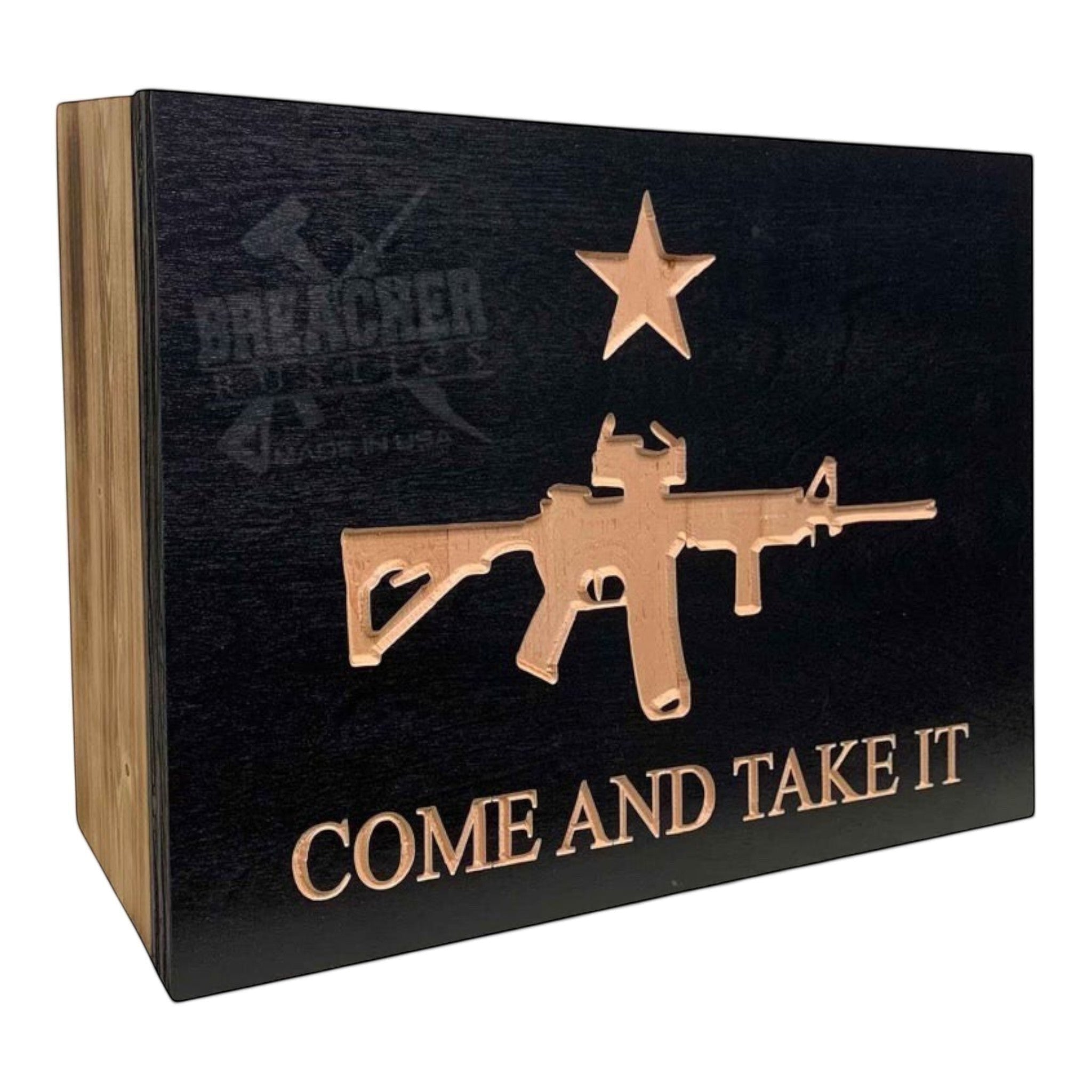 Breacher Rustics wooden concealment box with "Come and Take It" logo, AR-15 rifle, and star. Features RFID lock and customizable foam. come and take it concealment box wooden RFID locking hidden storage box texas patriotic gun concealment display usa made
