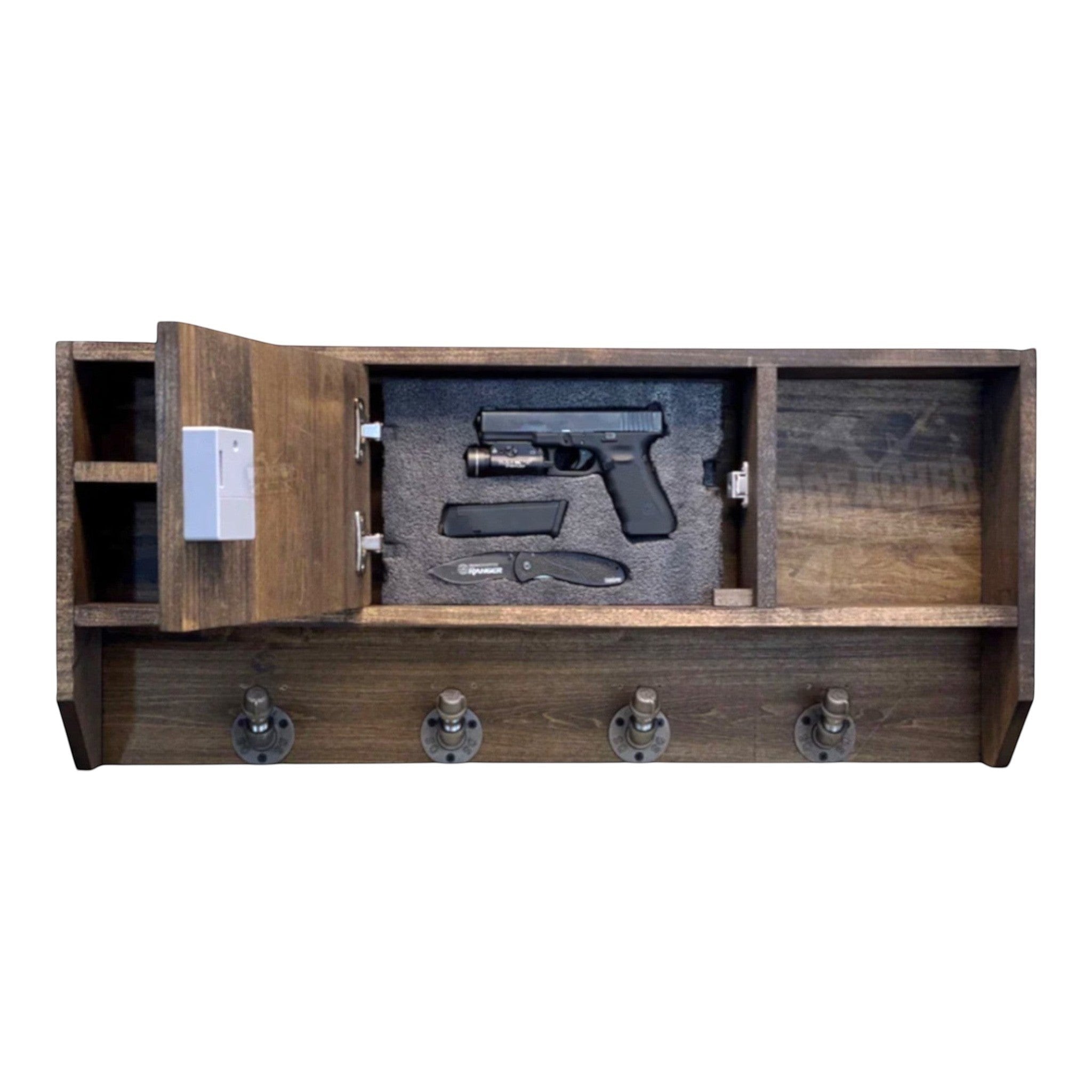 Breacher Rustics stained wood concealment shelf with "Don't Tread On Me" design, RFID lock, and gun storage.