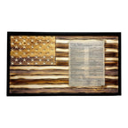 Breacher Rustics carved wood US Constitution flag with burned finish and embedded document. Features carved stars and a black frame. battle worn us constitution carved wood flag handmade american flag wall art patriotic rustic decor usa made wooden flag declaration