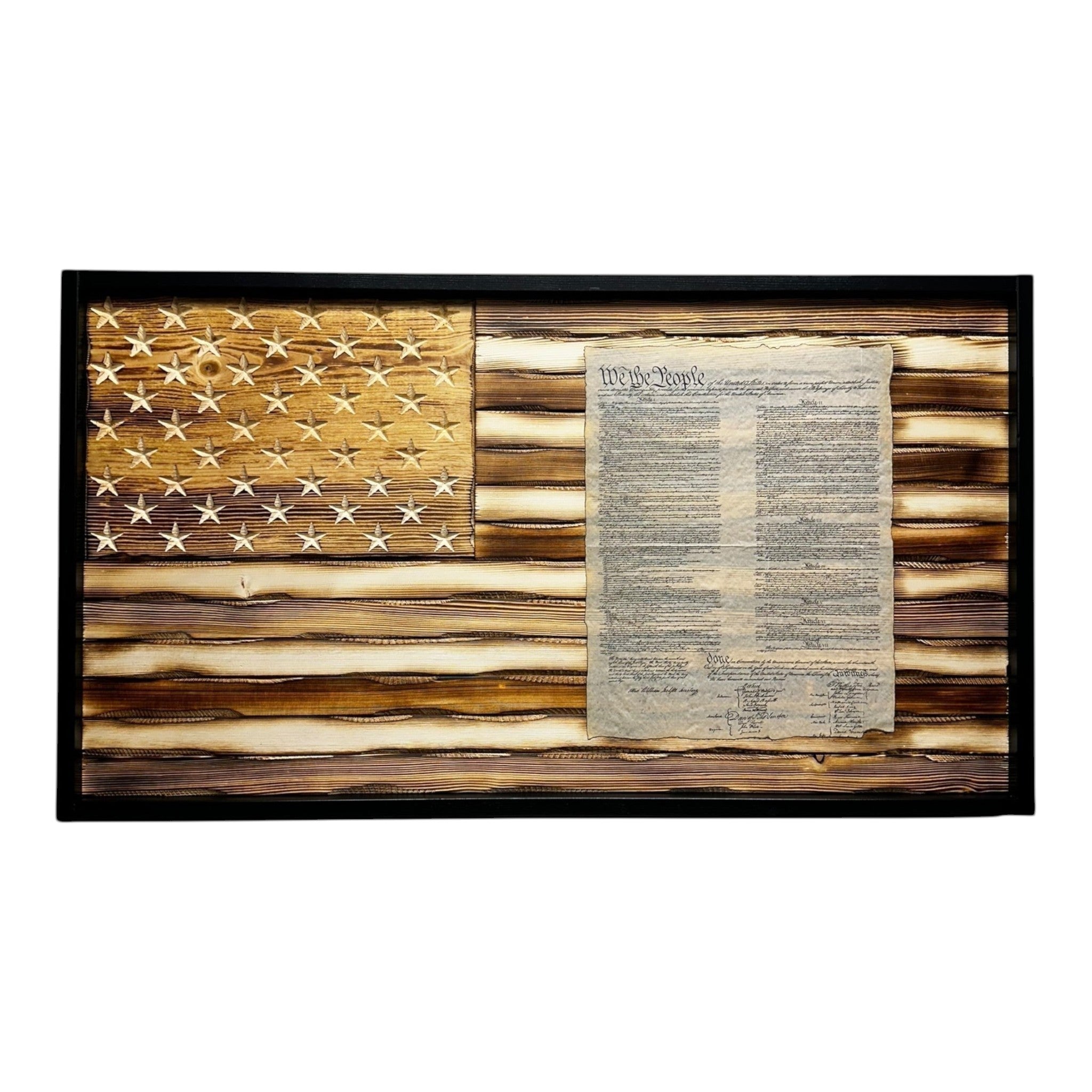 Breacher Rustics carved wood US Constitution flag with burned finish and embedded document. Features carved stars and a black frame. battle worn us constitution carved wood flag handmade american flag wall art patriotic rustic decor usa made wooden flag declaration