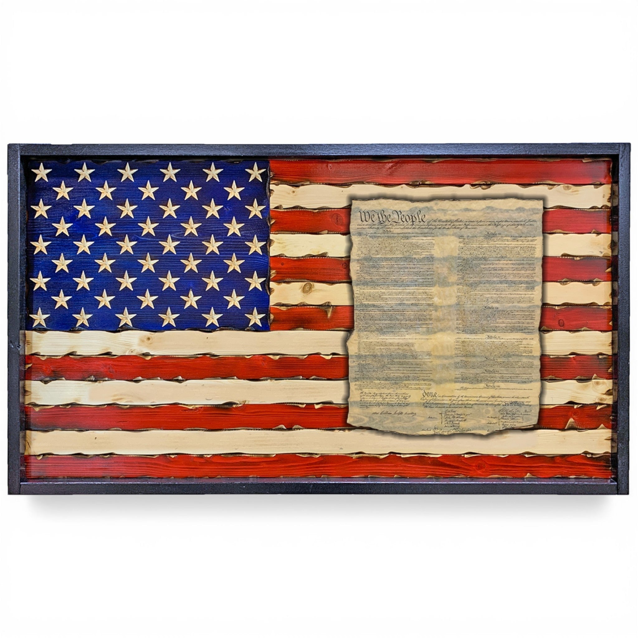 Breacher Rustics carved wood US Constitution flag with battle-worn look, black frame, and carved stars. battle worn us constitution carved wood flag handmade american flag wall art patriotic rustic decor usa made wooden flag declaration