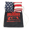 Breacher Rustics set of 8 cornhole bags, 4 with stars and stripes pattern, 4 with red and white stripes, includes black drawstring bag.