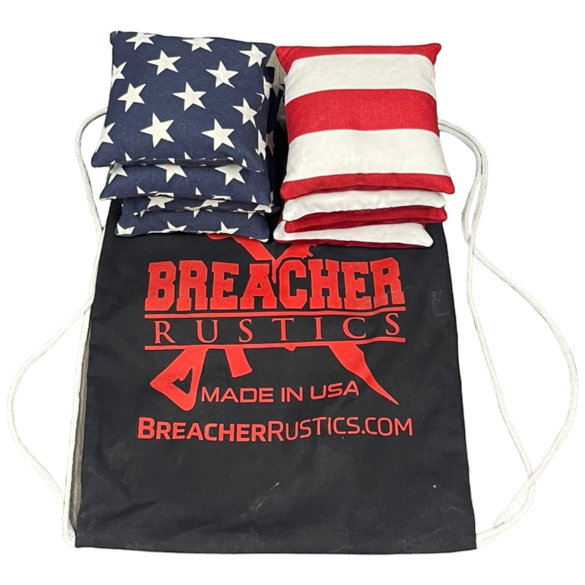 Breacher Rustics set of 8 cornhole bags, 4 with stars and stripes pattern, 4 with red and white stripes, includes black drawstring bag.