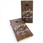 Breacher Rustics dark wood custom family name cornhole set with floral design and established date
