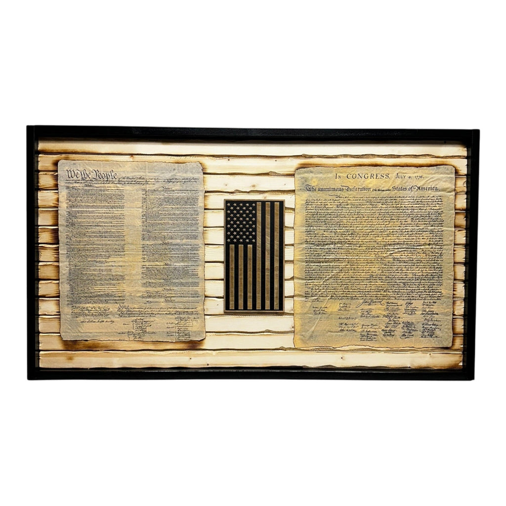 Breacher Rustics black framed wooden flag featuring the Declaration of Independence and Constitution with a battle-worn look.