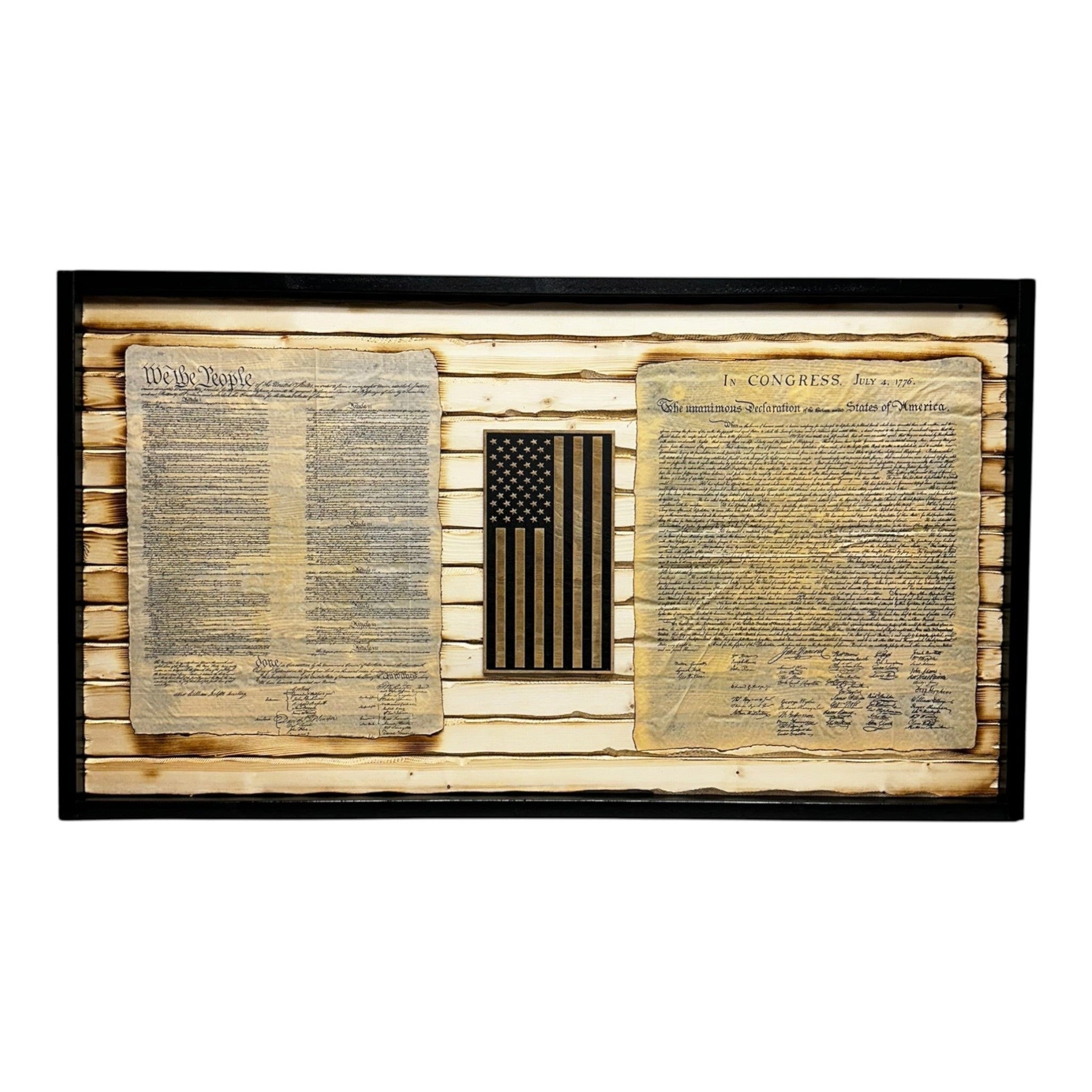 Breacher Rustics black framed wooden flag featuring the Declaration of Independence and Constitution with a battle-worn look.