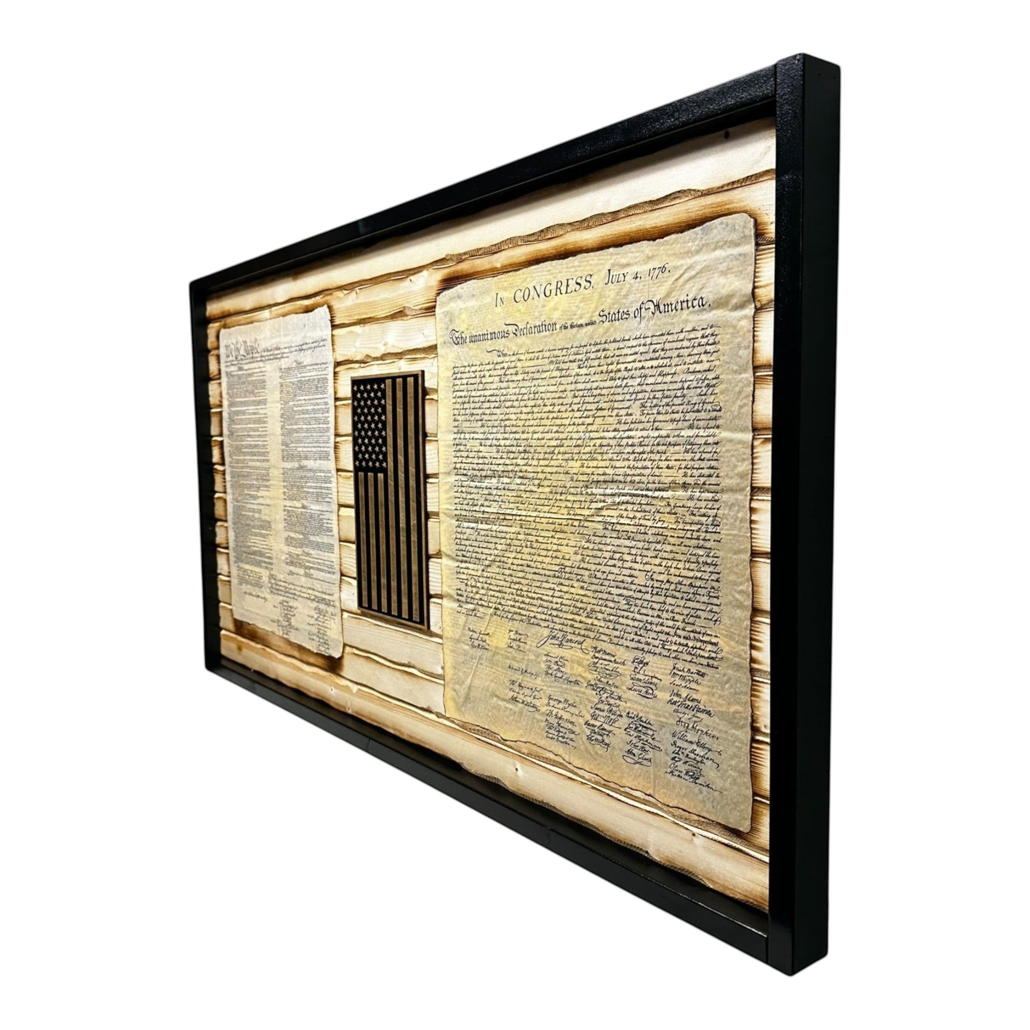 Breacher Rustics black framed wooden flag featuring the Declaration of Independence and Constitution with a battle-worn look.